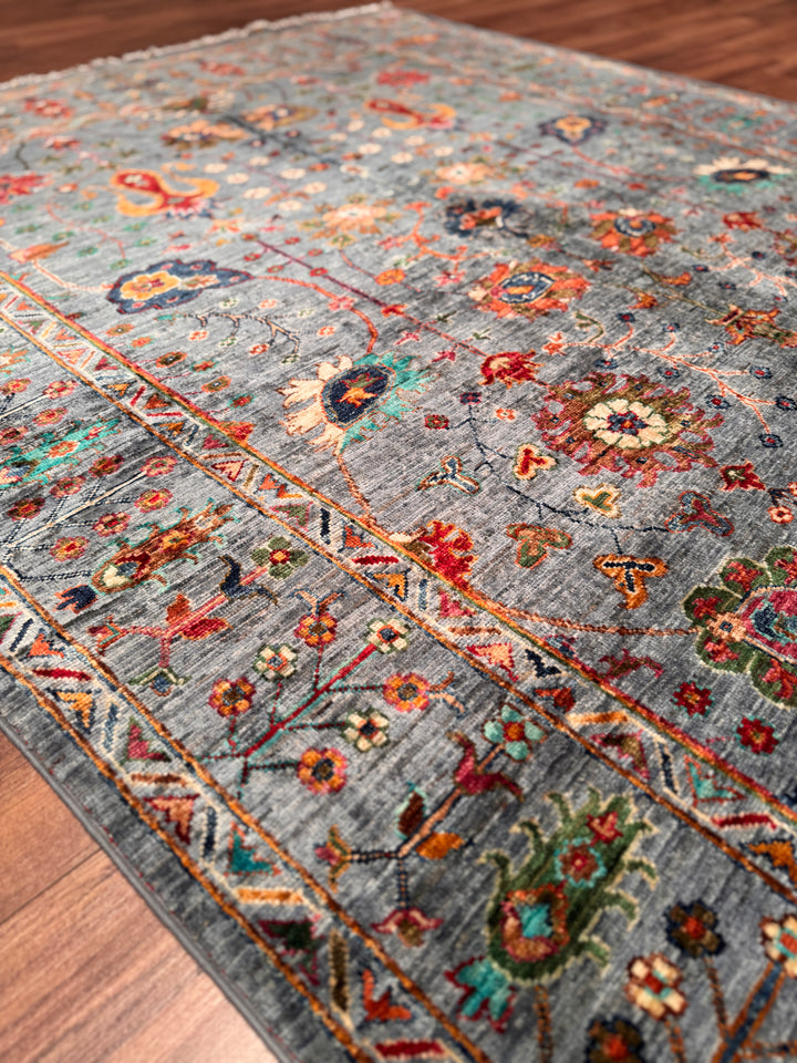 Sultani Çiçekli Orijinal El Dokuması Gri Kök Boya Yün Halı 179x238 4.26 Metrekare - 5x8 ft