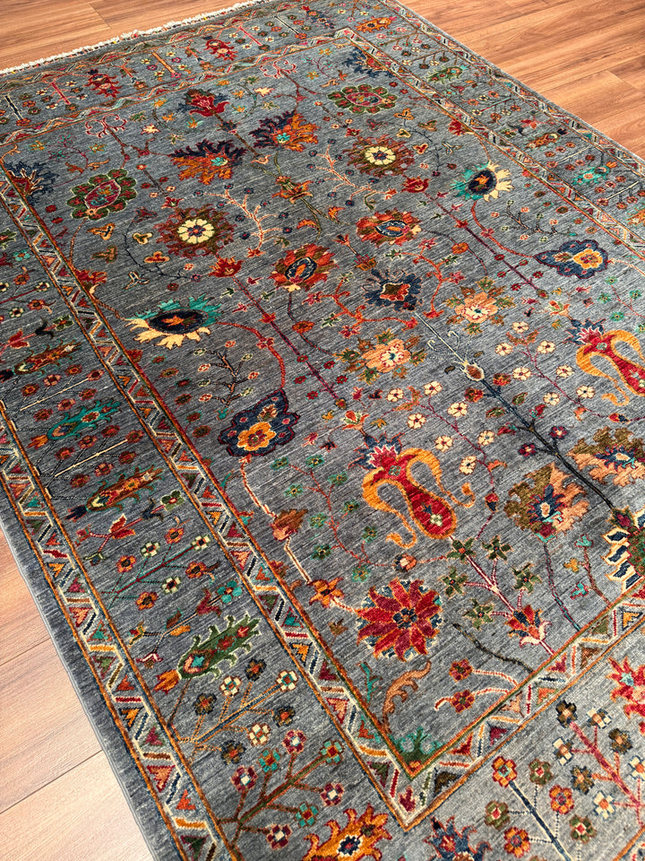 Sultani Çiçekli Orijinal El Dokuması Gri Kök Boya Yün Halı 179x238 4.26 Metrekare - 5x8 ft