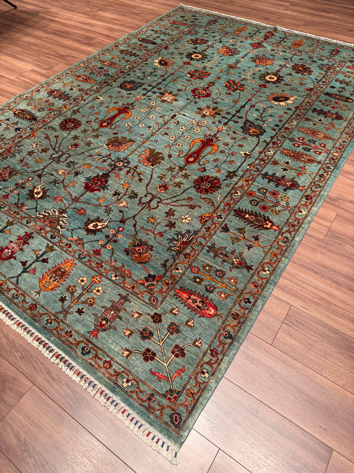 Sultani Binbirgece Orijinal El Dokuması Turkuaz Kök Boya Yün Halı 210x305 6.41 Metrekare - 7x10 ft