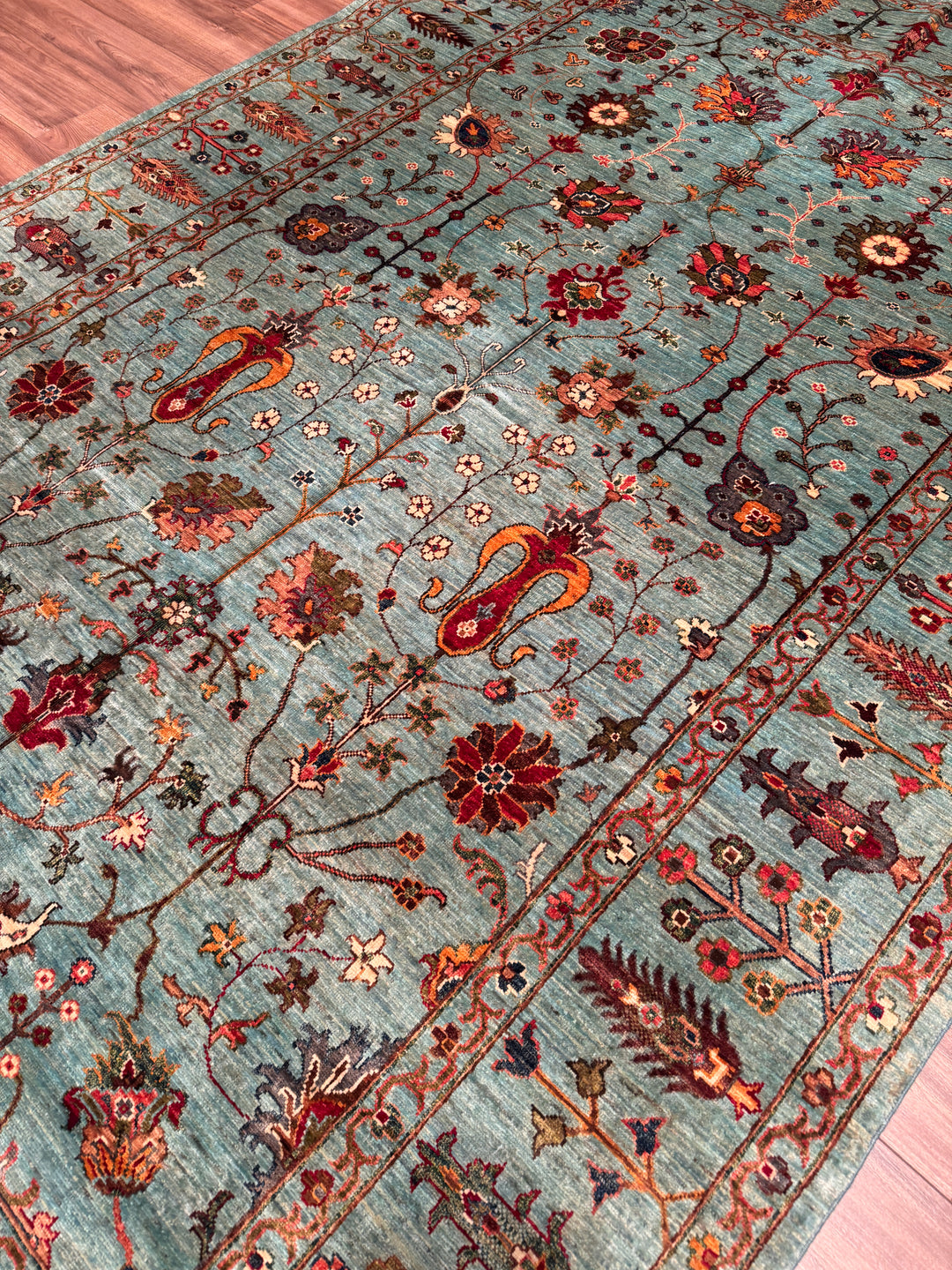 Sultani Binbirgece Orijinal El Dokuması Turkuaz Kök Boya Yün Halı 210x305 6.41 Metrekare - 7x10 ft