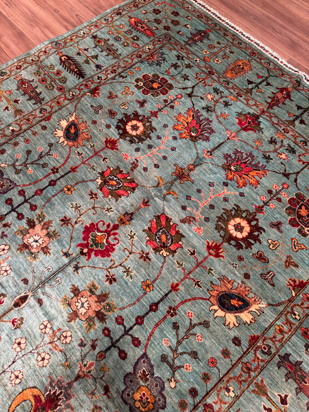 Sultani Binbirgece Orijinal El Dokuması Turkuaz Kök Boya Yün Halı 210x305 6.41 Metrekare - 7x10 ft