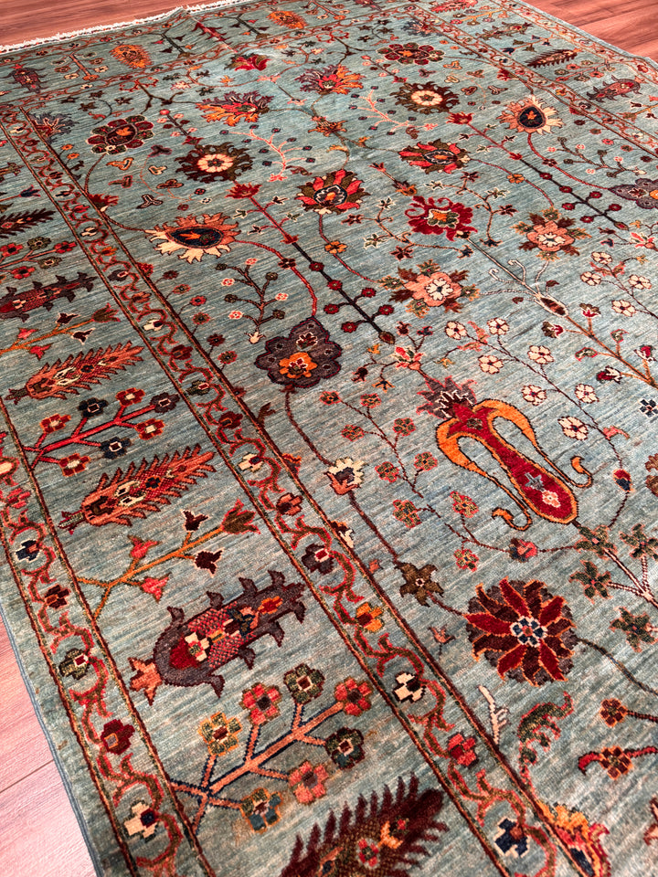 Sultani Binbirgece Orijinal El Dokuması Turkuaz Kök Boya Yün Halı 210x305 6.41 Metrekare - 7x10 ft