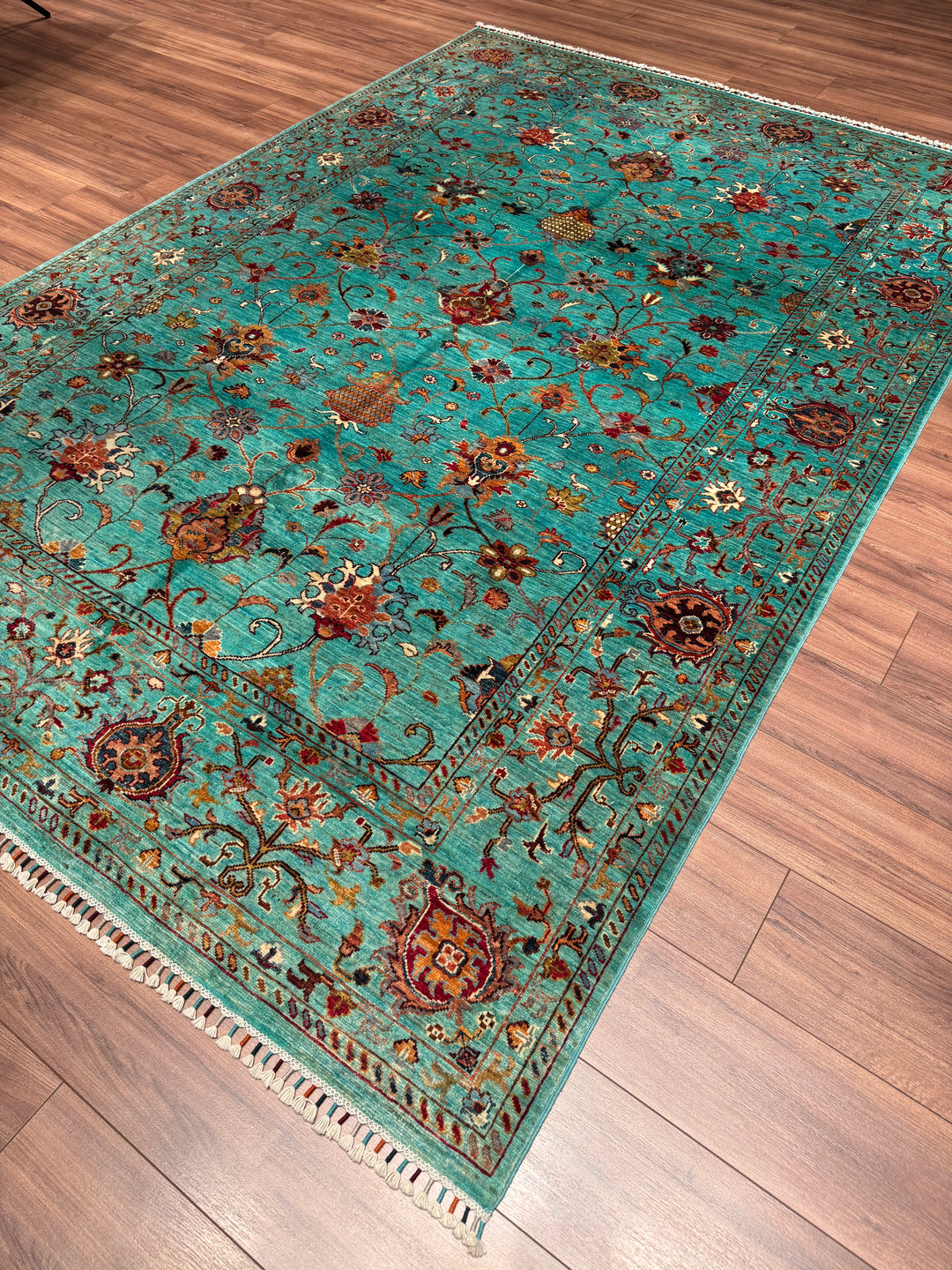 Sultani Binbirgece Orijinal El Dokuması Turkuaz Kök Boya Yün Halı 202x295 5.96 Metrekare - 7x10 ft