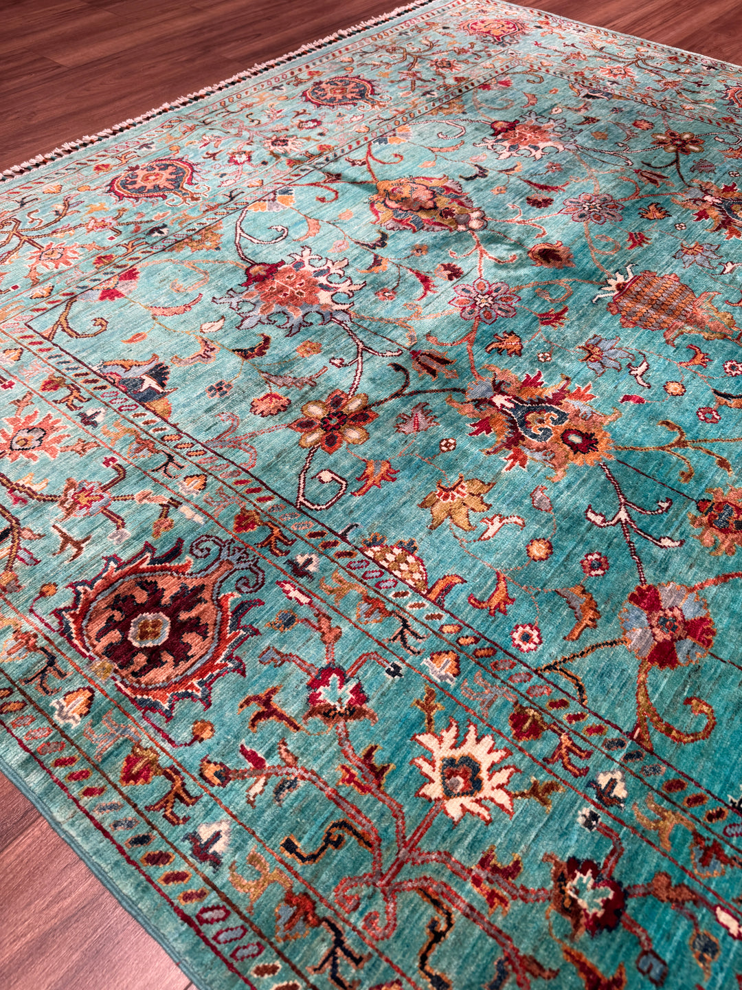 Sultani Binbirgece Orijinal El Dokuması Turkuaz Kök Boya Yün Halı 202x295 5.96 Metrekare - 7x10 ft