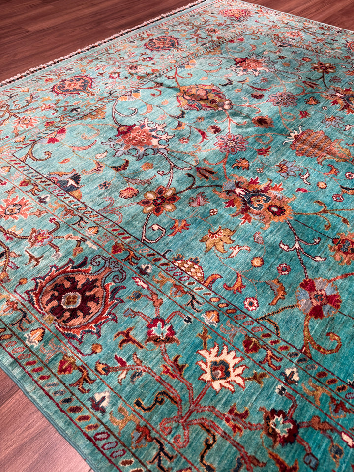 Sultani Binbirgece Orijinal El Dokuması Turkuaz Kök Boya Yün Halı 202x295 5.96 Metrekare - 7x10 ft