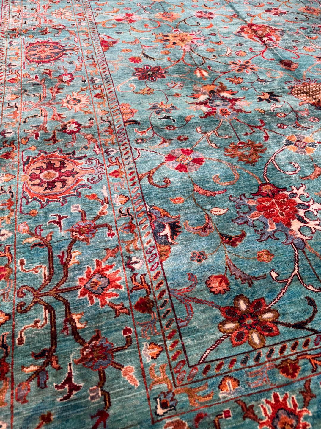 Sultani Binbirgece Orijinal El Dokuması Turkuaz Kök Boya Yün Halı 202x295 5.96 Metrekare - 7x10 ft