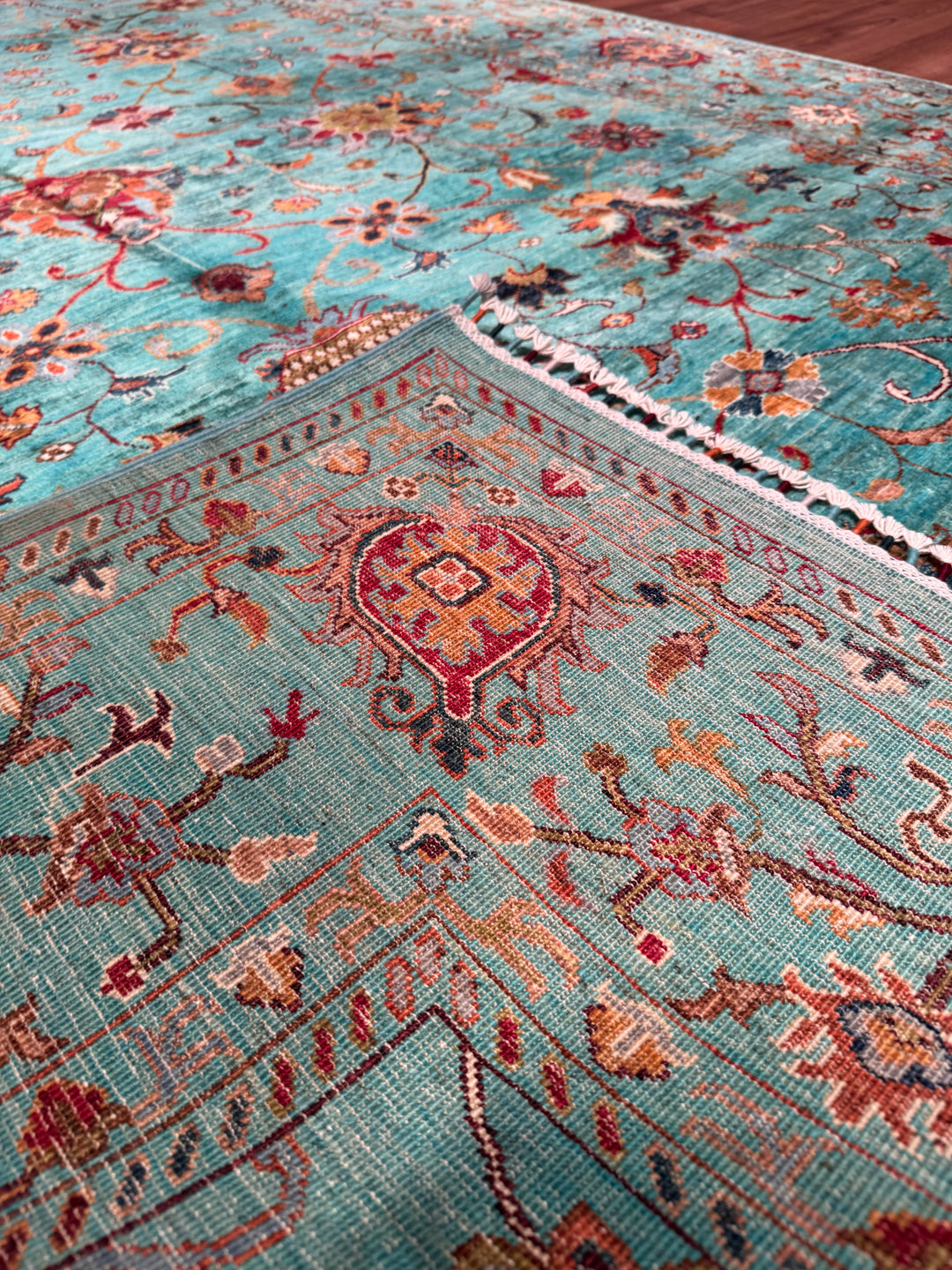 Sultani Binbirgece Orijinal El Dokuması Turkuaz Kök Boya Yün Halı 202x295 5.96 Metrekare - 7x10 ft