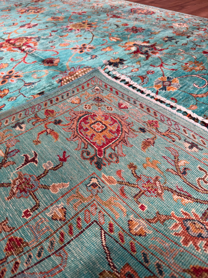 Sultani Binbirgece Orijinal El Dokuması Turkuaz Kök Boya Yün Halı 202x295 5.96 Metrekare - 7x10 ft