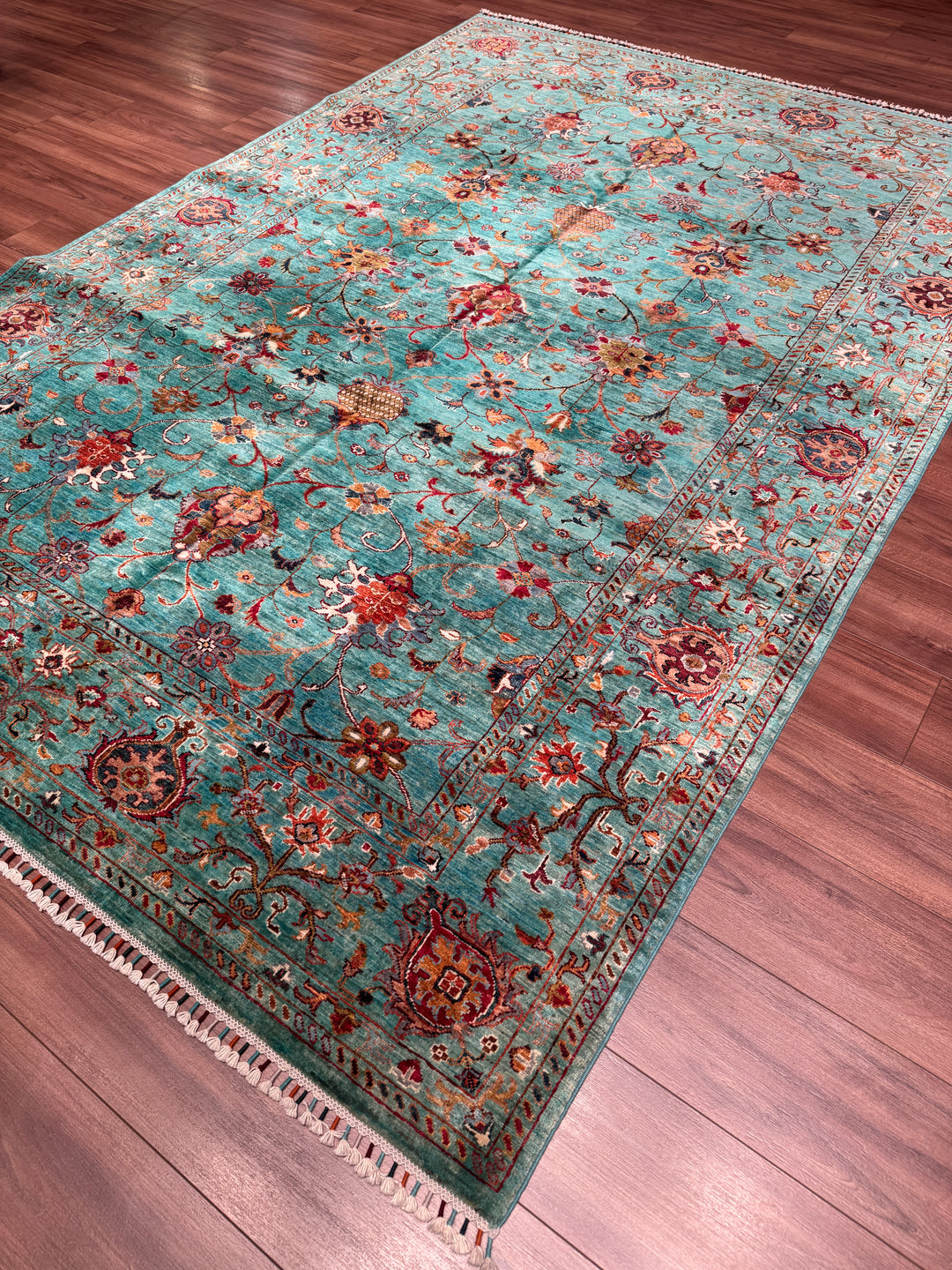 Sultani Binbirgece Orijinal El Dokuması Turkuaz Kök Boya Yün Halı 202x295 5.96 Metrekare - 7x10 ft