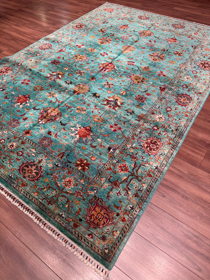 Sultani Binbirgece Orijinal El Dokuması Turkuaz Kök Boya Yün Halı 202x295 5.96 Metrekare - 7x10 ft