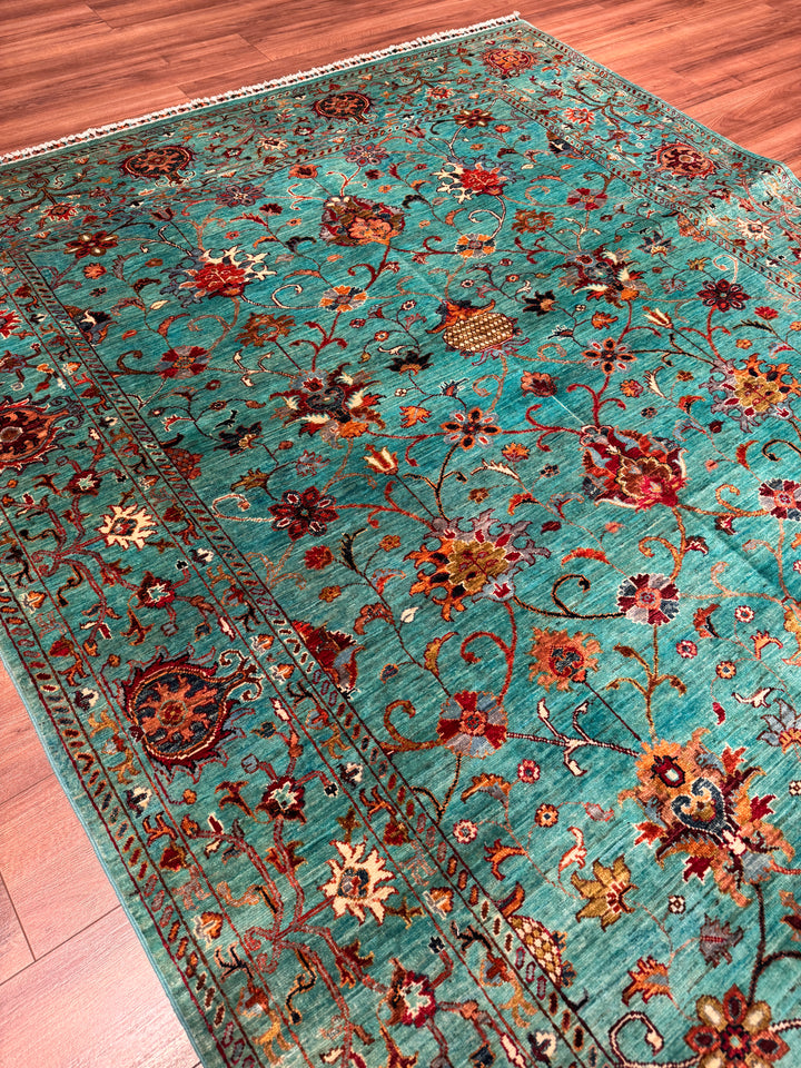 Sultani Binbirgece Orijinal El Dokuması Turkuaz Kök Boya Yün Halı 202x295 5.96 Metrekare - 7x10 ft