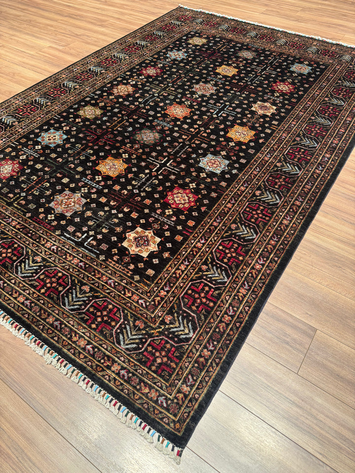 Original Hand-Woven Black Vegetable Dyed Wool Carpet with Veziri Bilcik Pattern 207x305 6.31 Square Meters - 7x10 ft