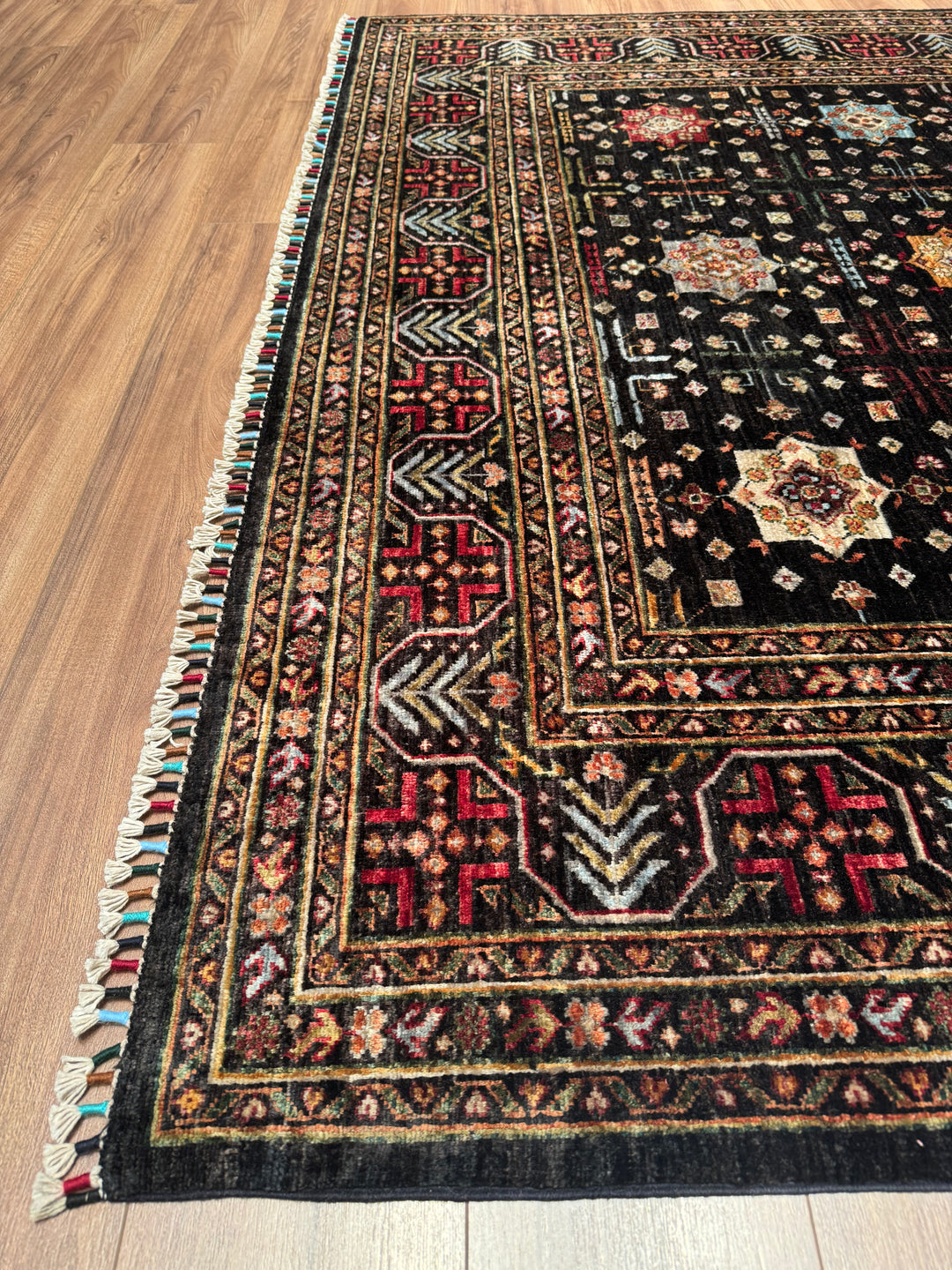 Original Hand-Woven Black Vegetable Dyed Wool Carpet with Veziri Bilcik Pattern 207x305 6.31 Square Meters - 7x10 ft