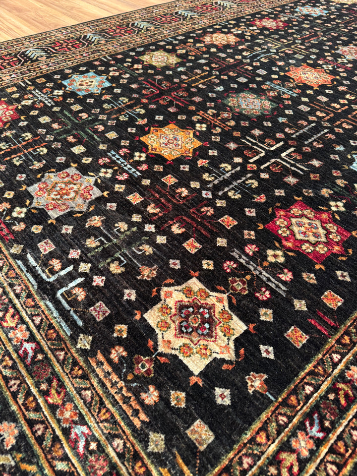 Original Hand-Woven Black Vegetable Dyed Wool Carpet with Veziri Bilcik Pattern 207x305 6.31 Square Meters - 7x10 ft