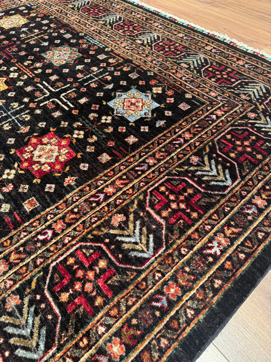 Original Hand-Woven Black Vegetable Dyed Wool Carpet with Veziri Bilcik Pattern 207x305 6.31 Square Meters - 7x10 ft