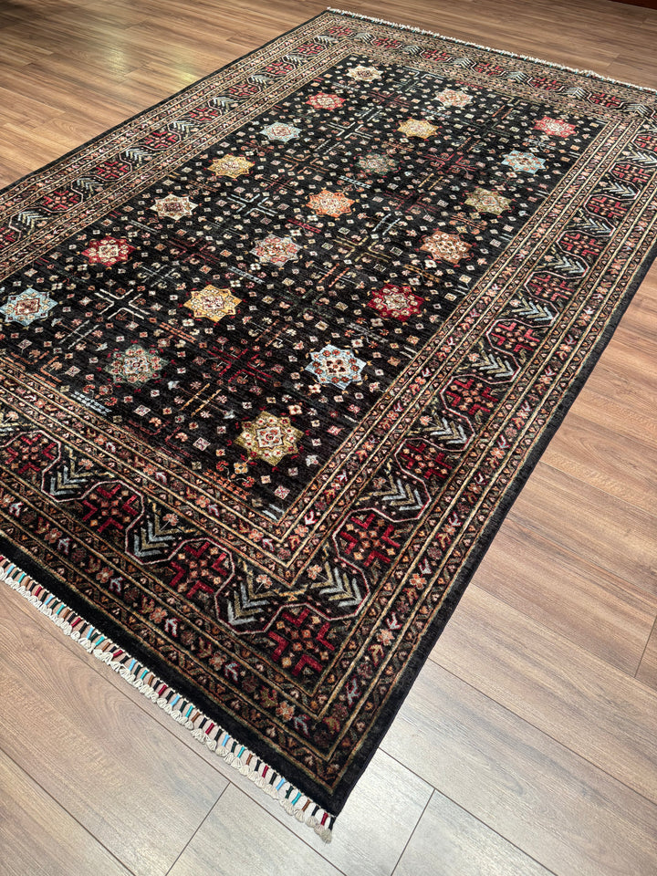 Original Hand-Woven Black Vegetable Dyed Wool Carpet with Veziri Bilcik Pattern 207x305 6.31 Square Meters - 7x10 ft