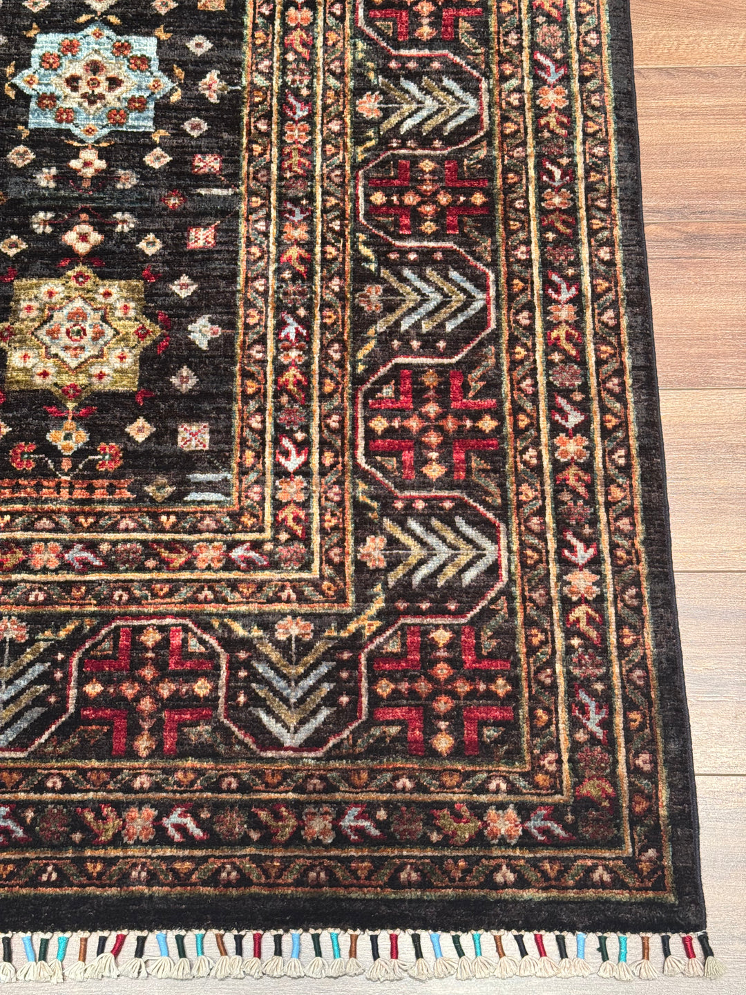 Original Hand-Woven Black Vegetable Dyed Wool Carpet with Veziri Bilcik Pattern 207x305 6.31 Square Meters - 7x10 ft