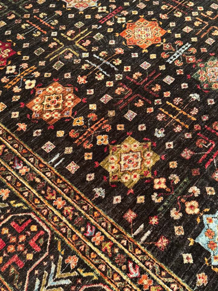 Original Hand-Woven Black Vegetable Dyed Wool Carpet with Veziri Bilcik Pattern 207x305 6.31 Square Meters - 7x10 ft