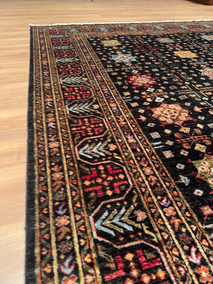 Original Hand-Woven Black Vegetable Dyed Wool Carpet with Veziri Bilcik Pattern 207x305 6.31 Square Meters - 7x10 ft