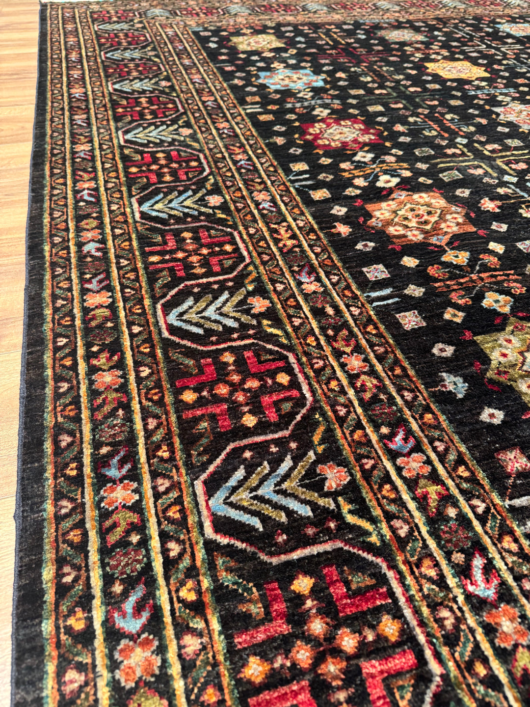 Original Hand-Woven Black Vegetable Dyed Wool Carpet with Veziri Bilcik Pattern 207x305 6.31 Square Meters - 7x10 ft