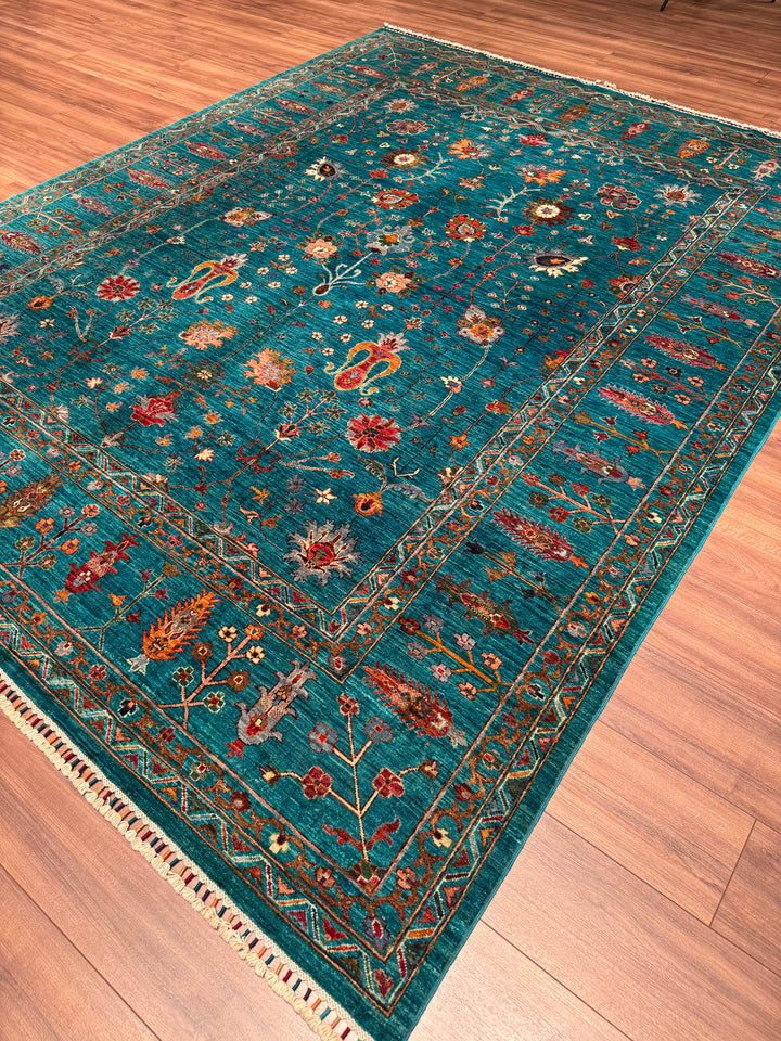 Sultani Çiçekli Orijinal El Dokuması Turkuaz Kök Boya Yün Halı 242x300 7.26 Metrekare - 8x10 ft