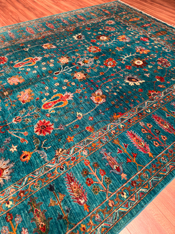 Sultani Çiçekli Orijinal El Dokuması Turkuaz Kök Boya Yün Halı 242x300 7.26 Metrekare - 8x10 ft