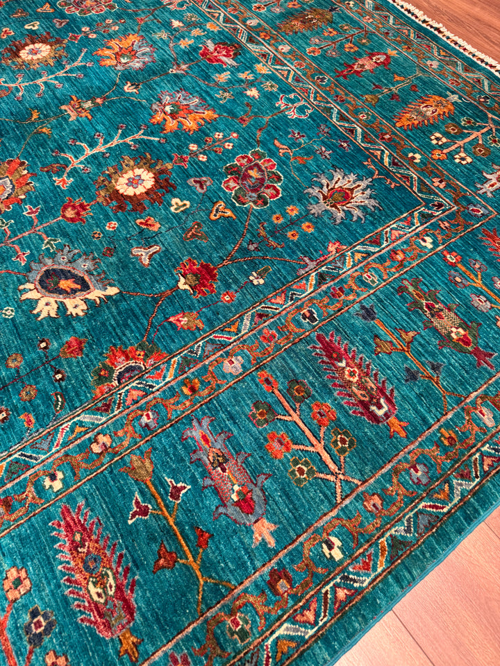 Sultani Çiçekli Orijinal El Dokuması Turkuaz Kök Boya Yün Halı 242x300 7.26 Metrekare - 8x10 ft