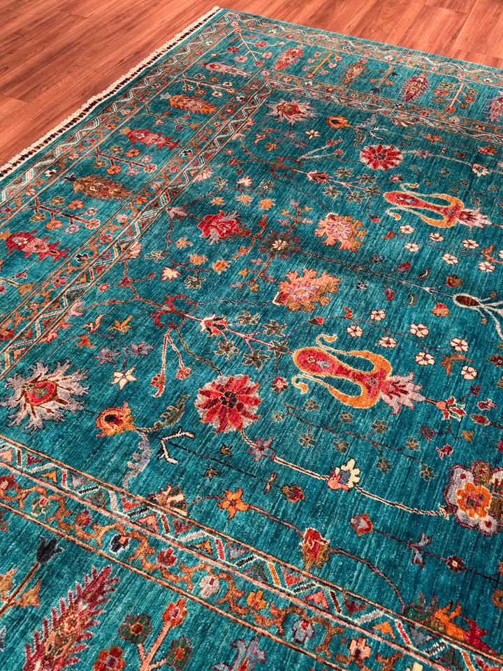 Sultani Çiçekli Orijinal El Dokuması Turkuaz Kök Boya Yün Halı 242x300 7.26 Metrekare - 8x10 ft
