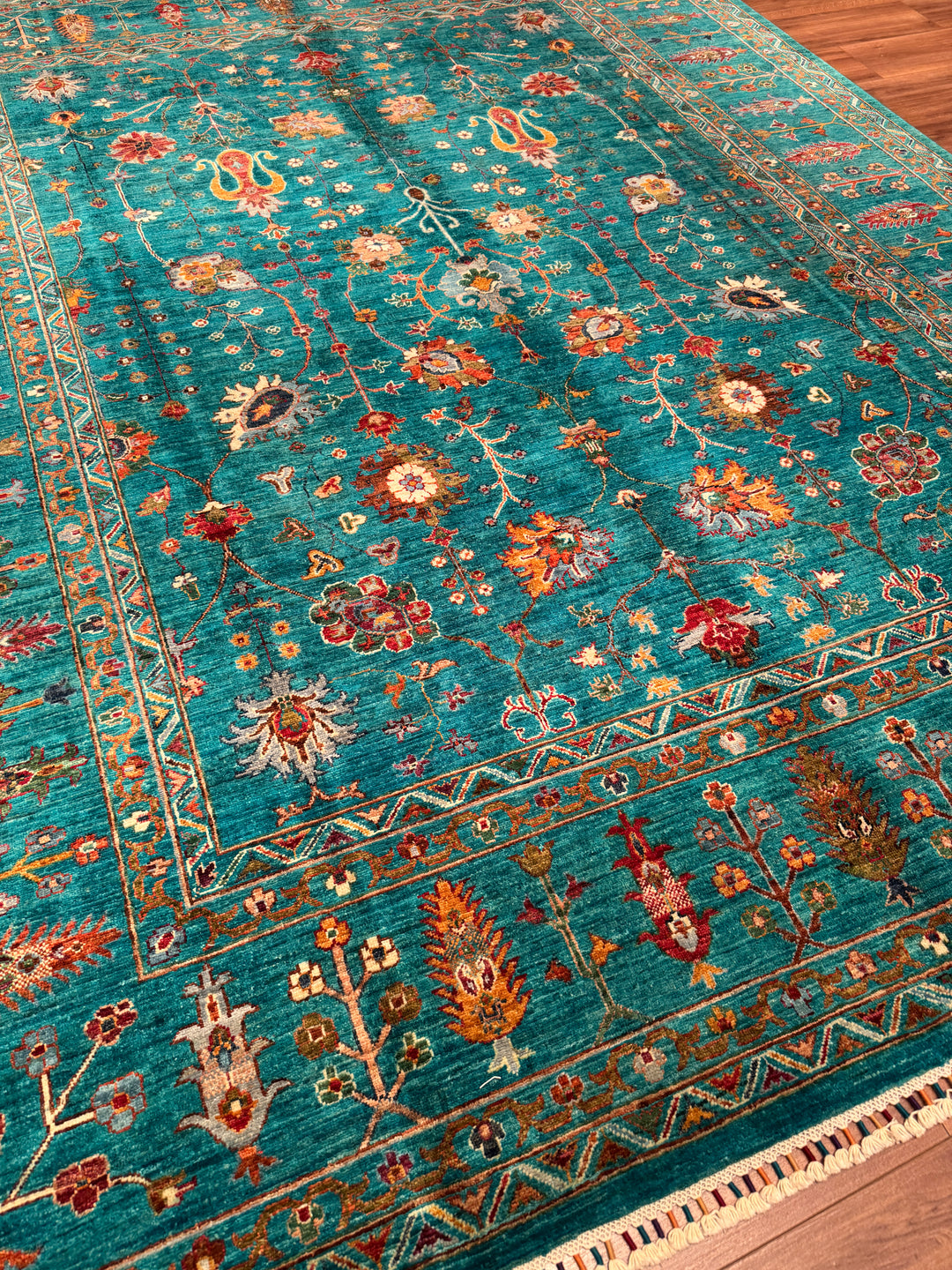 Sultani Çiçekli Orijinal El Dokuması Turkuaz Kök Boya Yün Halı 242x300 7.26 Metrekare - 8x10 ft