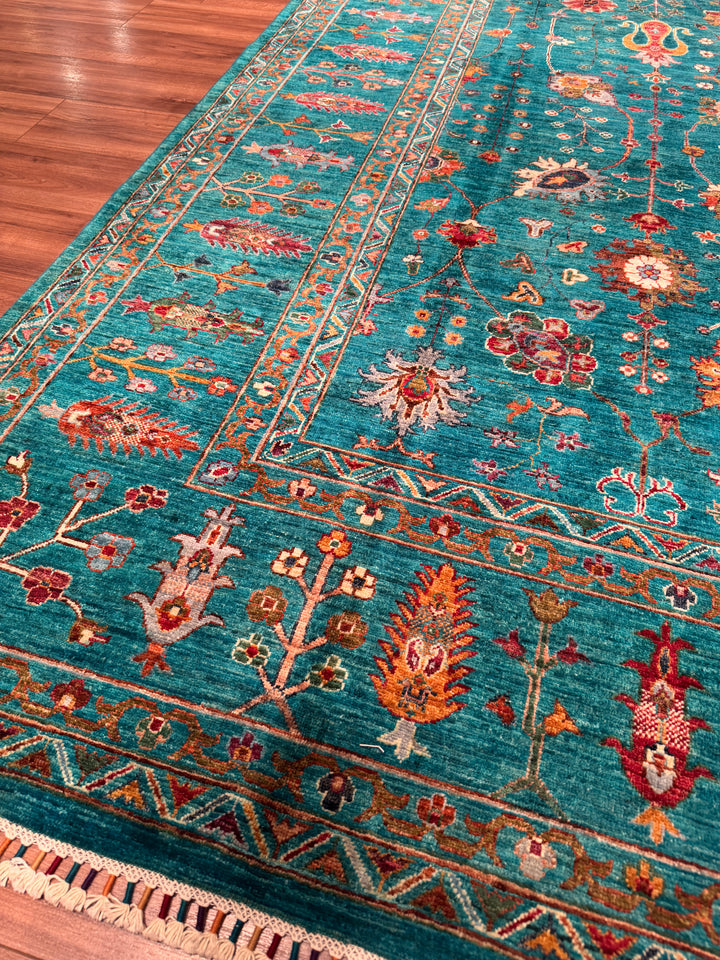 Sultani Çiçekli Orijinal El Dokuması Turkuaz Kök Boya Yün Halı 242x300 7.26 Metrekare - 8x10 ft