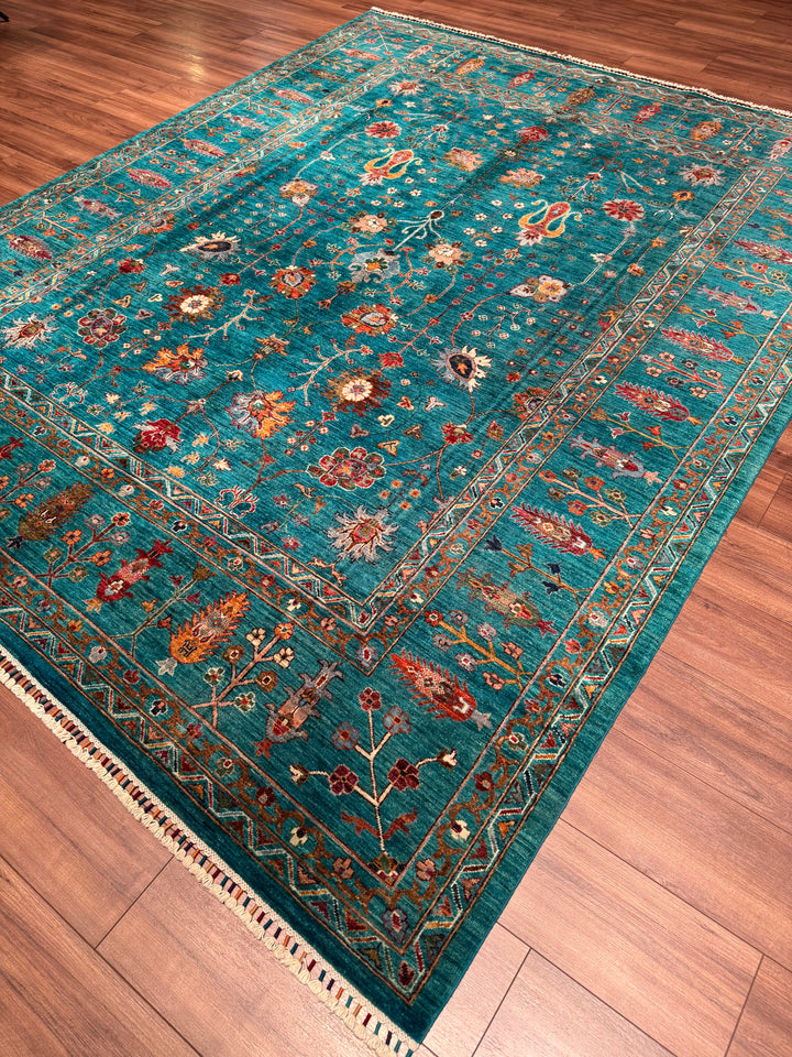 Sultani Çiçekli Orijinal El Dokuması Turkuaz Kök Boya Yün Halı 242x300 7.26 Metrekare - 8x10 ft