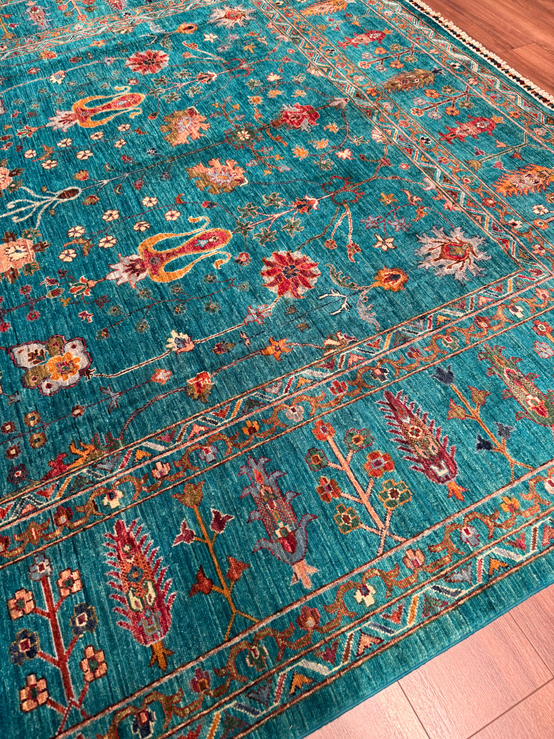 Sultani Çiçekli Orijinal El Dokuması Turkuaz Kök Boya Yün Halı 242x300 7.26 Metrekare - 8x10 ft