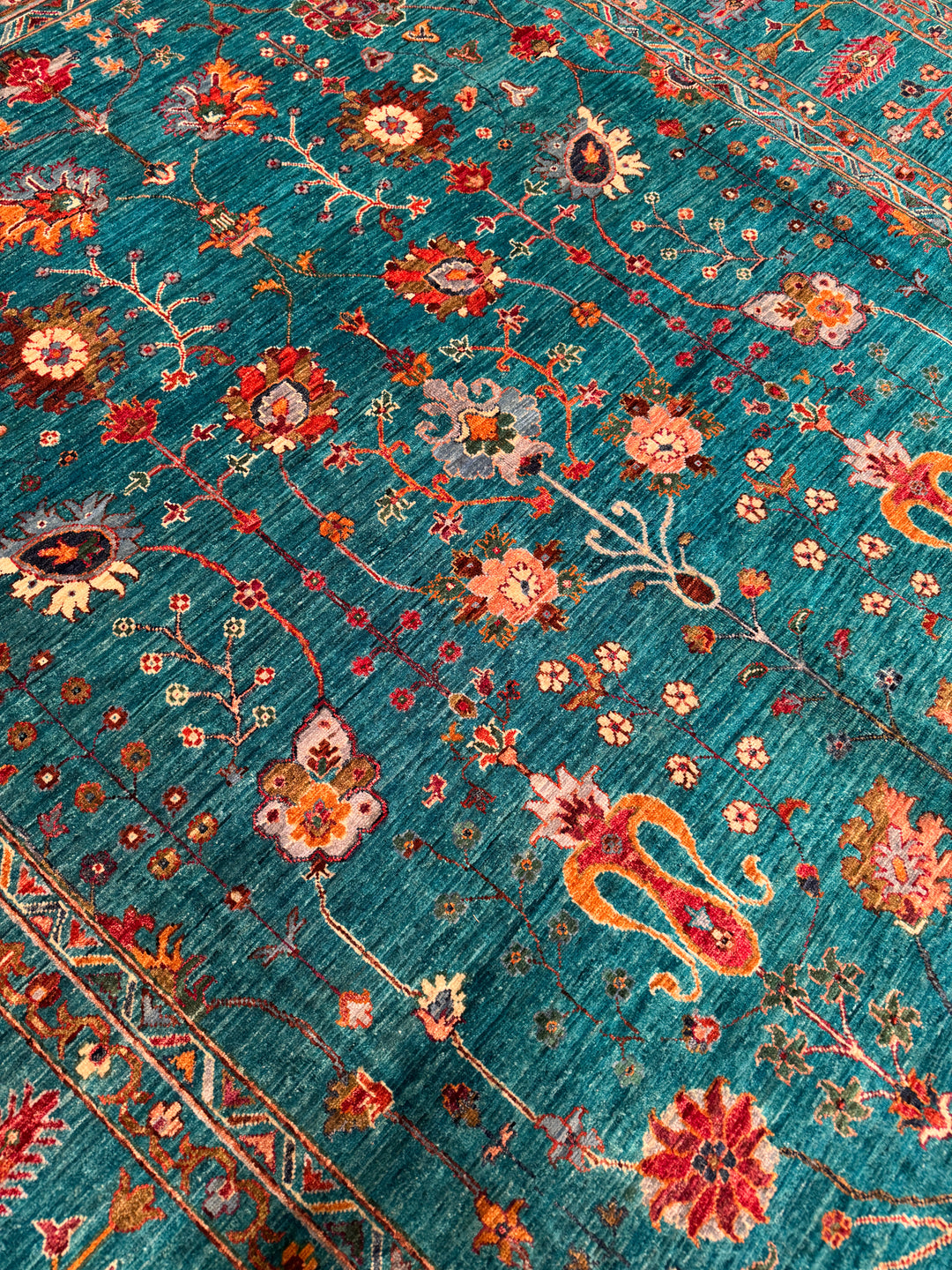 Sultani Çiçekli Orijinal El Dokuması Turkuaz Kök Boya Yün Halı 242x300 7.26 Metrekare - 8x10 ft