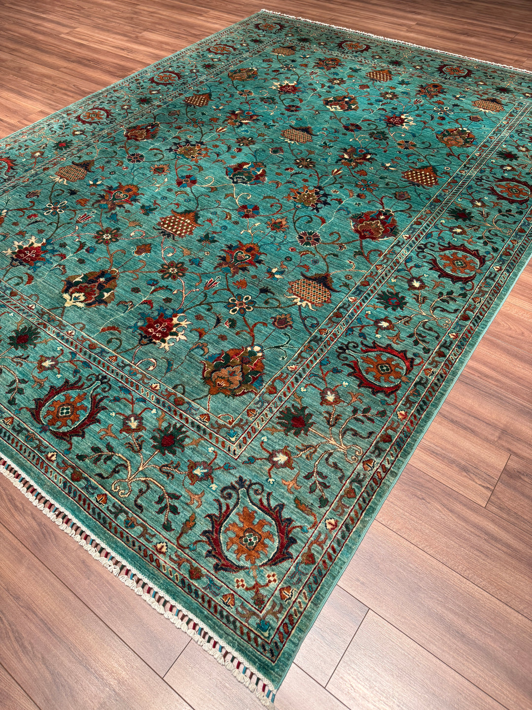 Sultani Binbirgece Orijinal El Dokuması Turkuaz Kök Boya Yün Halı 248x328 8.13 Metrekare - 8x11 ft
