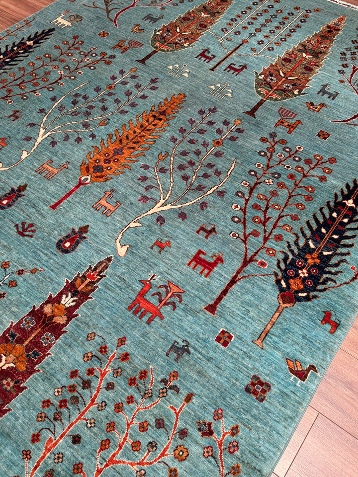 Hayat Ağacı Orijinal El Dokuması Turkuaz Kök Boya Yün Halı 206x289 5.95 Metrekare - 7x10 ft