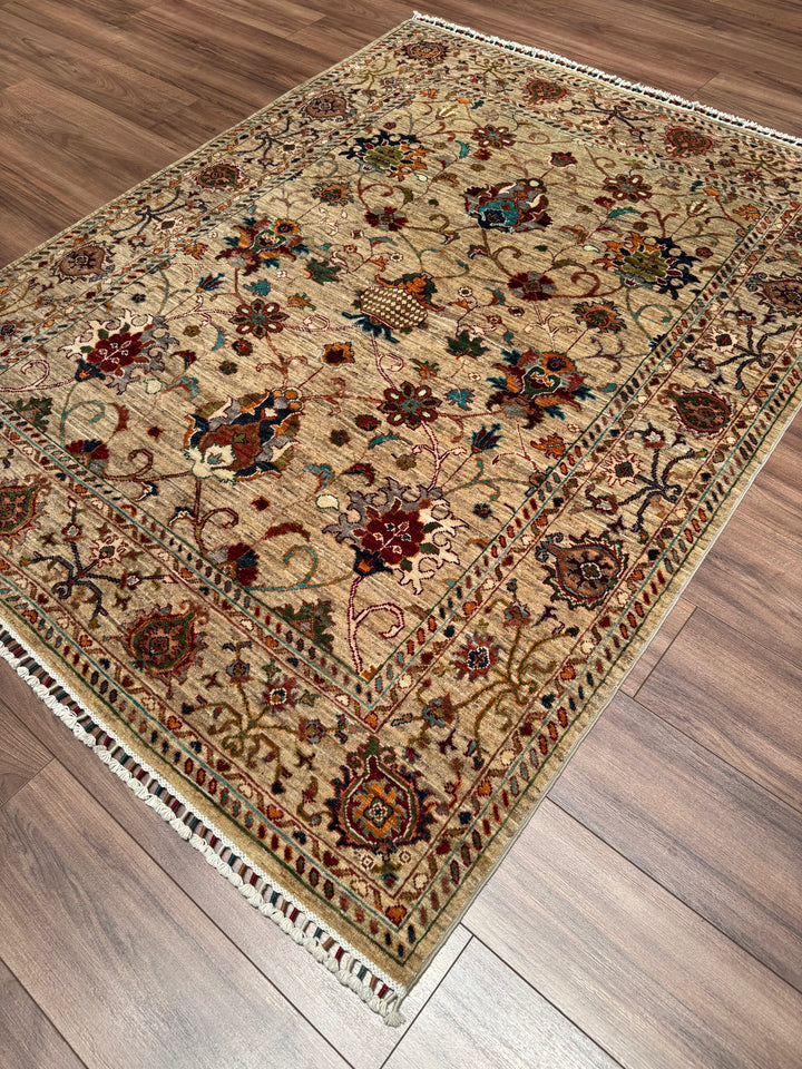 Sultani Binbirgece Orijinal El Dokuması Bej Kök Boya Yün Halı 152x196 2.98 Metrekare - 5x6 ft