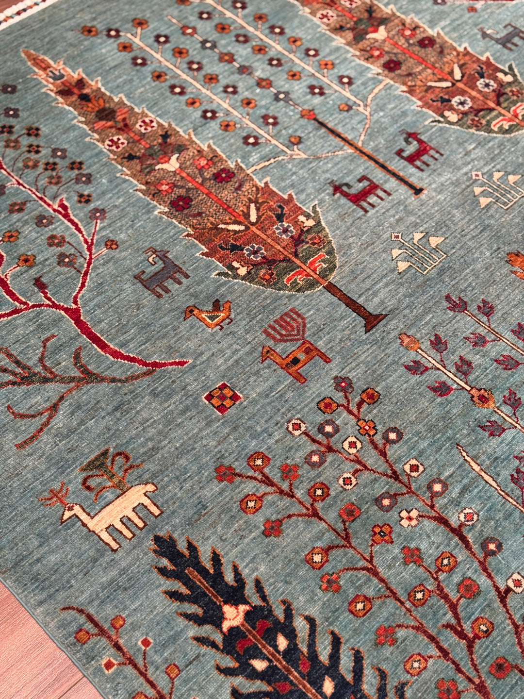 Hayat Ağacı Orijinal El Dokuması Turkuaz Kök Boya Yün Halı 206x289 5.95 Metrekare - 7x10 ft