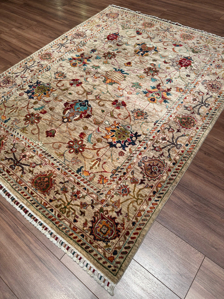 Sultani Binbirgece Orijinal El Dokuması Bej Kök Boya Yün Halı 152x196 2.98 Metrekare - 5x6 ft