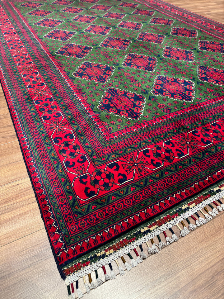 Afgan Halısı Yeşil Hamyap Orijinal El Dokuması Kök Boya Yün 194x295 5.72 Metrekare - 7x10 ft