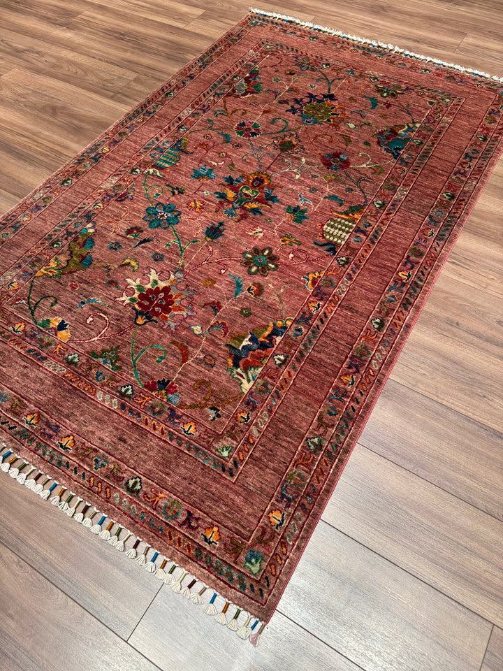 Sultani Binbirgece Orijinal El Dokuması Pembe Kök Boya Yün Halı 126x201 2.53 Metrekare - 3x5 ft