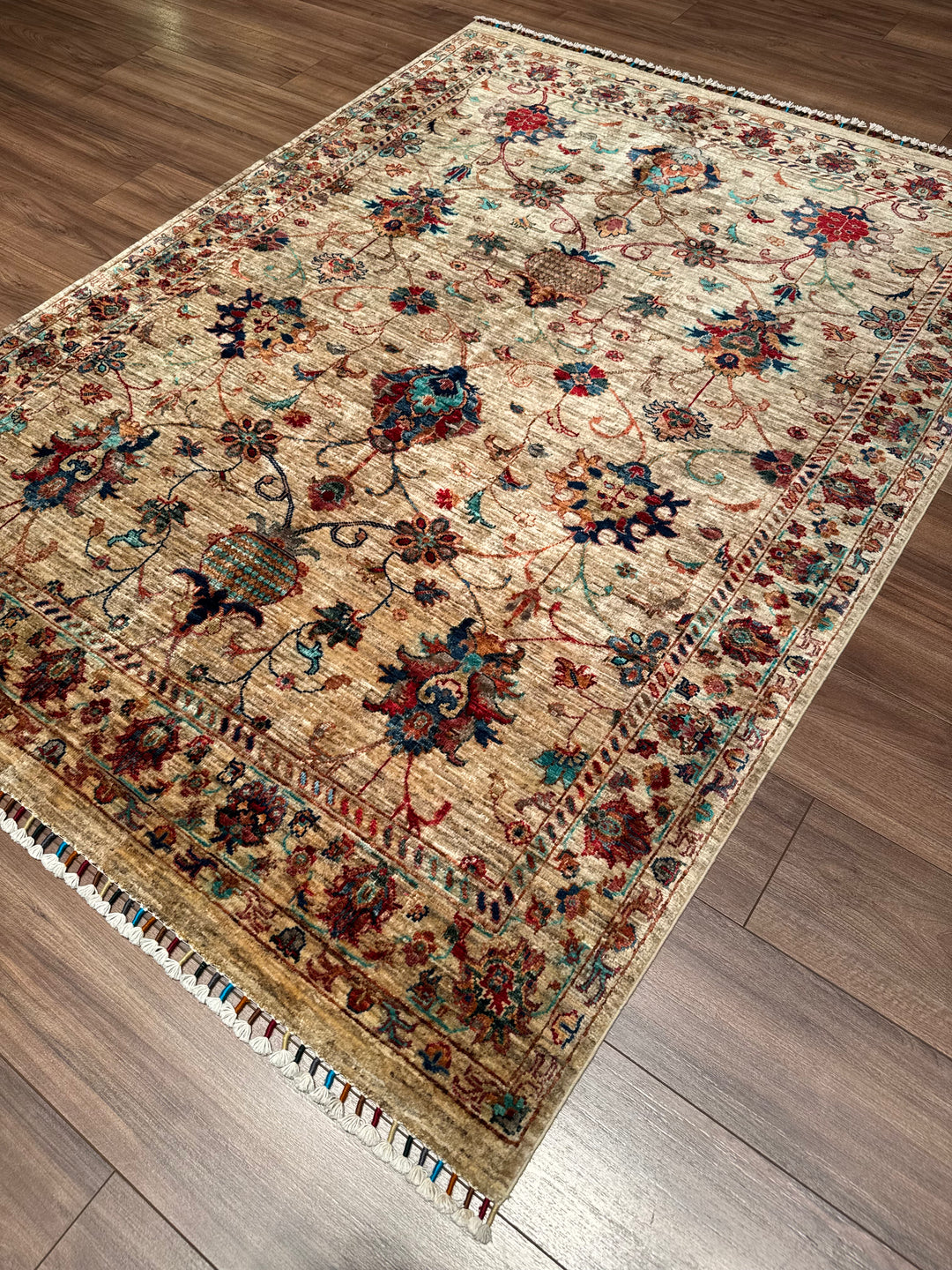 Sultani Binbirgece Orijinal El Dokuması Bej Kök Boya Yün Halı 152x203 3.09 Metrekare - 5x6 ft