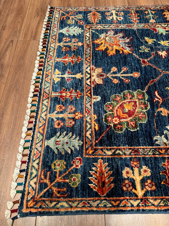 Sultani Çiçekli Orijinal El Dokuması Lacivert Kök Boya Yün Halı 0.98x150 1.47 Metrekare - 3x5 ft