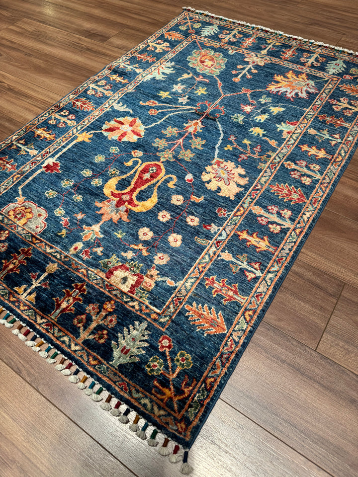 Sultani Çiçekli Orijinal El Dokuması Lacivert Kök Boya Yün Halı 0.98x150 1.47 Metrekare - 3x5 ft