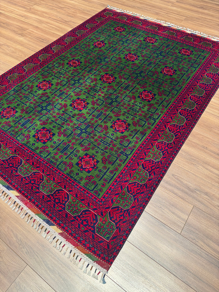 Afgan Halısı Yeşil Hamyap Orijinal El Dokuması Kök Boya Yün 168x231 3.88 Metrekare - 5x7 ft