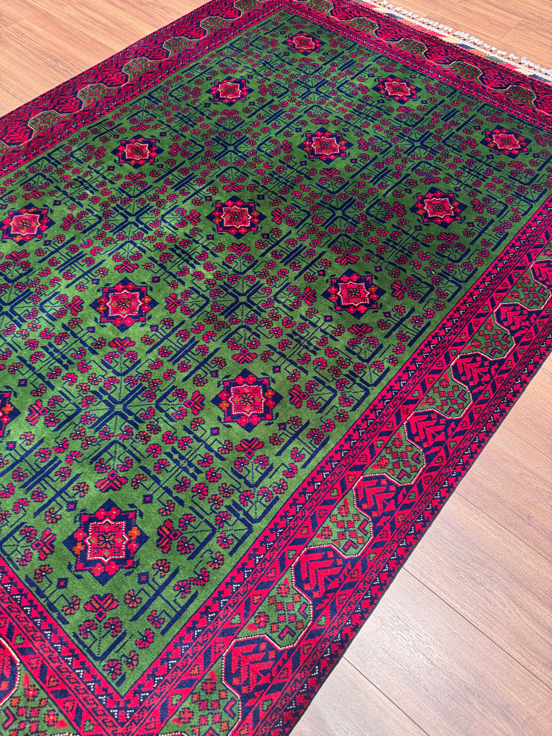 Afgan Halısı Yeşil Hamyap Orijinal El Dokuması Kök Boya Yün 168x231 3.88 Metrekare - 5x7 ft