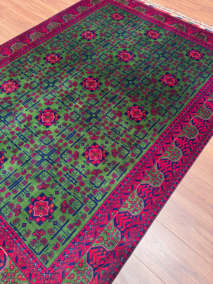 Afgan Halısı Yeşil Hamyap Orijinal El Dokuması Kök Boya Yün 168x231 3.88 Metrekare - 5x7 ft