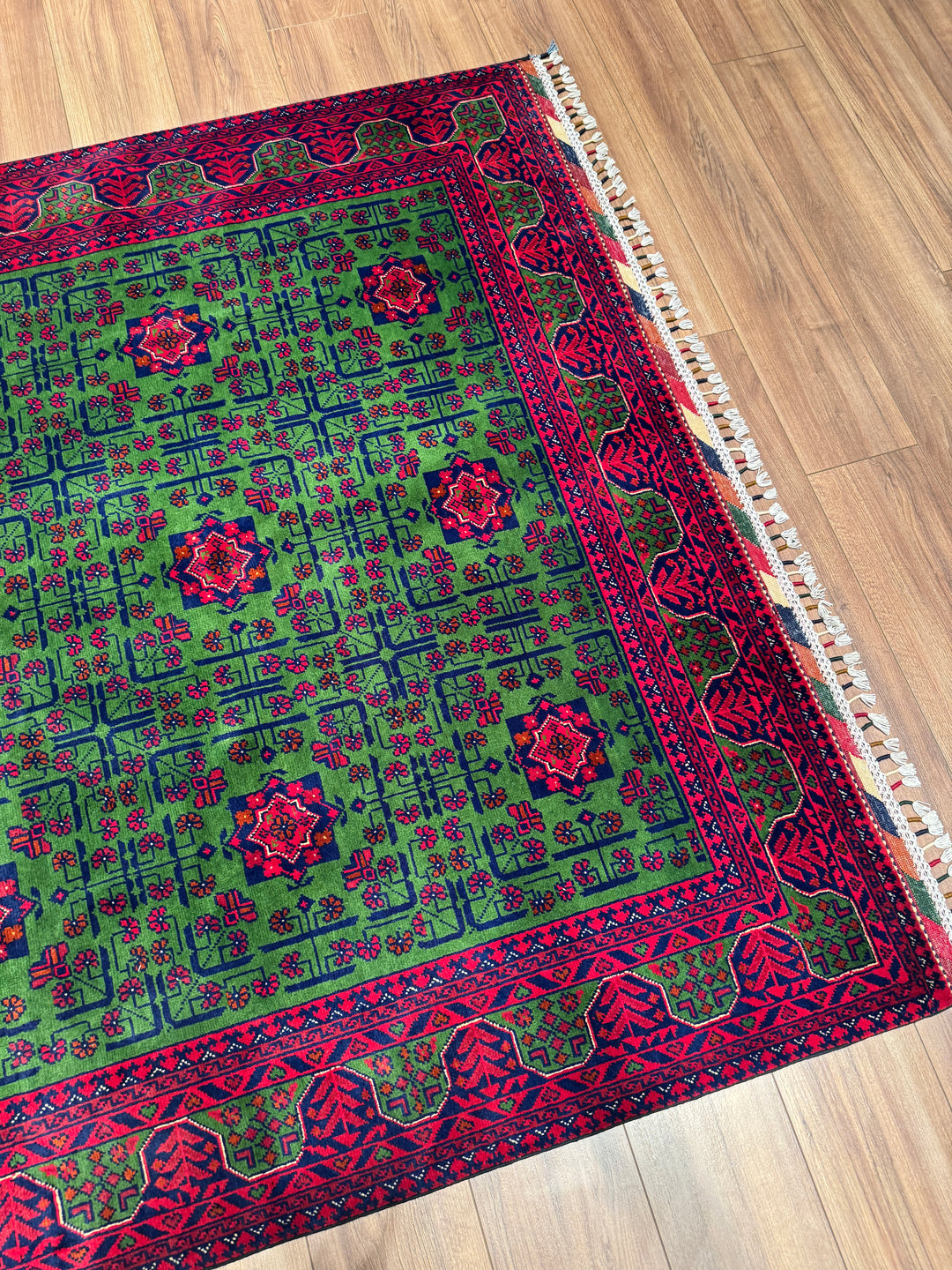 Afgan Halısı Yeşil Hamyap Orijinal El Dokuması Kök Boya Yün 168x231 3.88 Metrekare - 5x7 ft