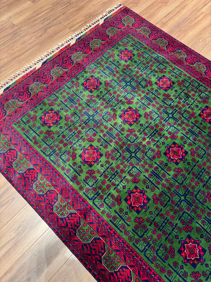 Afgan Halısı Yeşil Hamyap Orijinal El Dokuması Kök Boya Yün 168x231 3.88 Metrekare - 5x7 ft