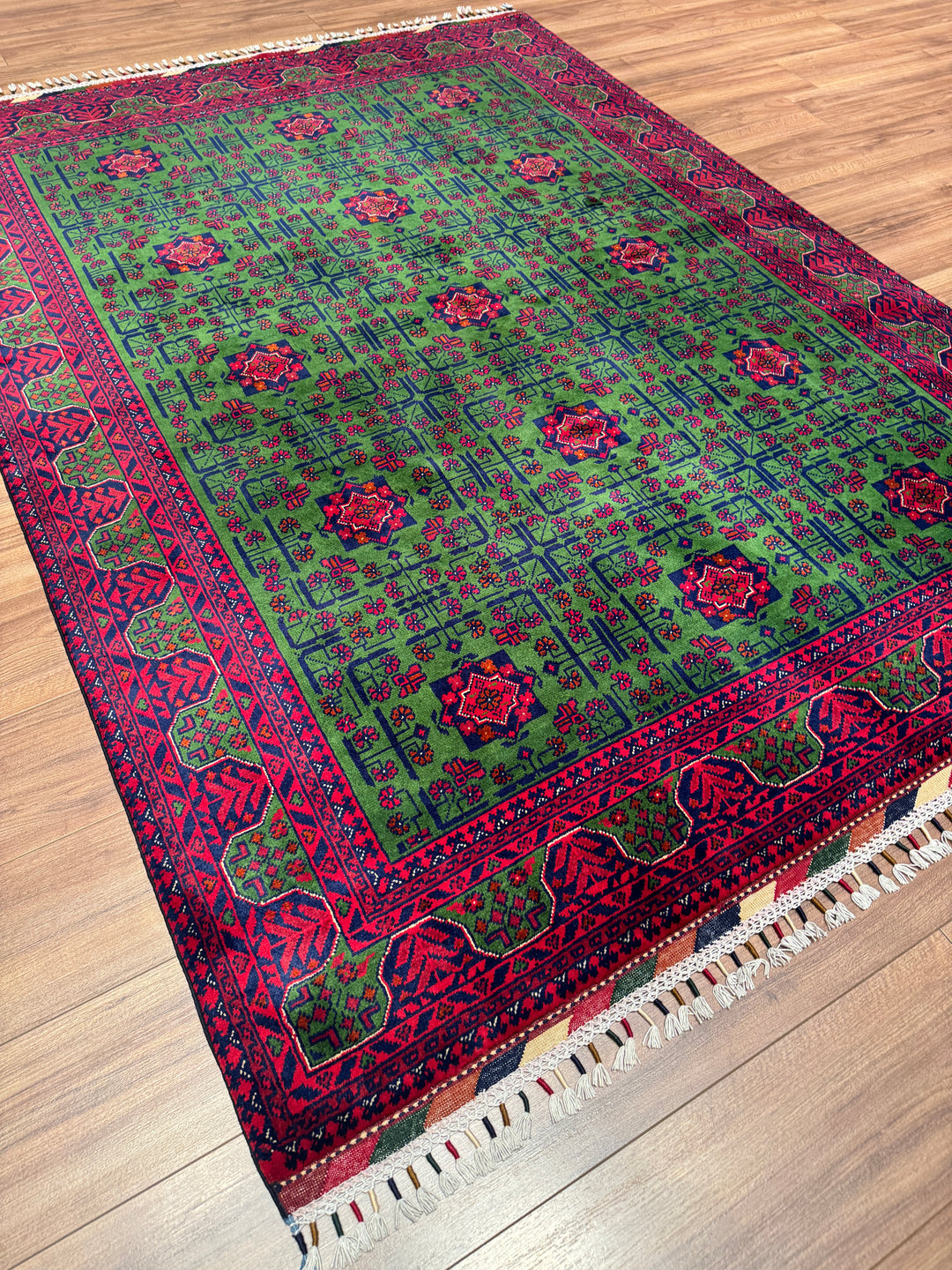 Afgan Halısı Yeşil Hamyap Orijinal El Dokuması Kök Boya Yün 168x231 3.88 Metrekare - 5x7 ft