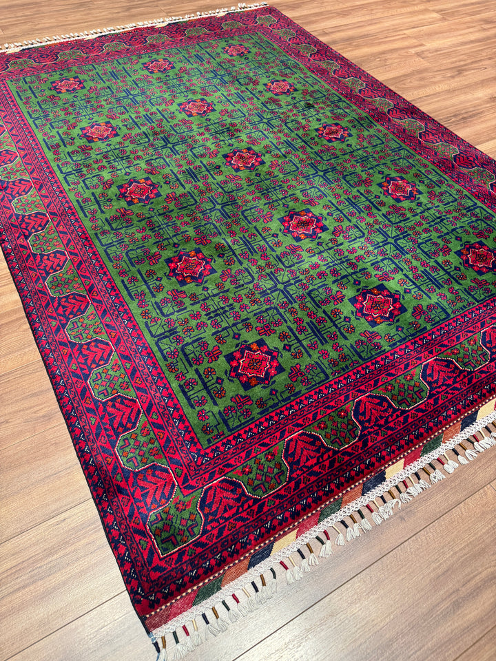 Afgan Halısı Yeşil Hamyap Orijinal El Dokuması Kök Boya Yün 168x231 3.88 Metrekare - 5x7 ft